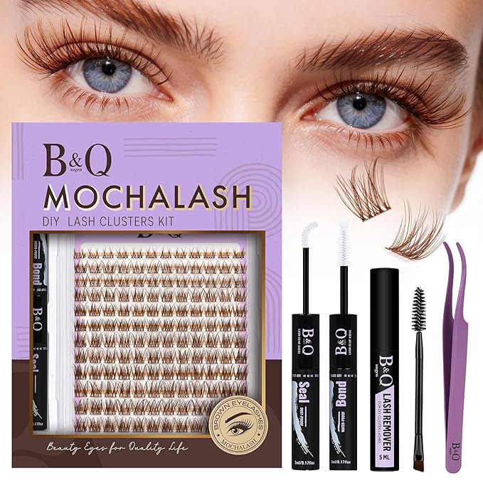 B&Q Brown Lash Clusters Kit Natural Mochalash Clusters 01, Brown Eyelash Clusters Kit C-Curl Cluster Eyelash Extensions 8-16mm Wispy Lash Eyelashes Kit for Fair/Dark Hair(Mochalash 01 Set)