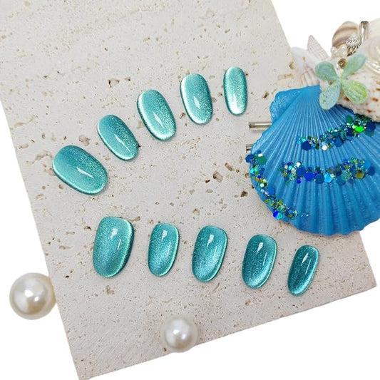 Cat Eye Press on Nails Handmade Short Oval/Square/Round False Nails with French Tip/Aurora/Magnetic Shimmer Designs (Side#Glass Sea S)