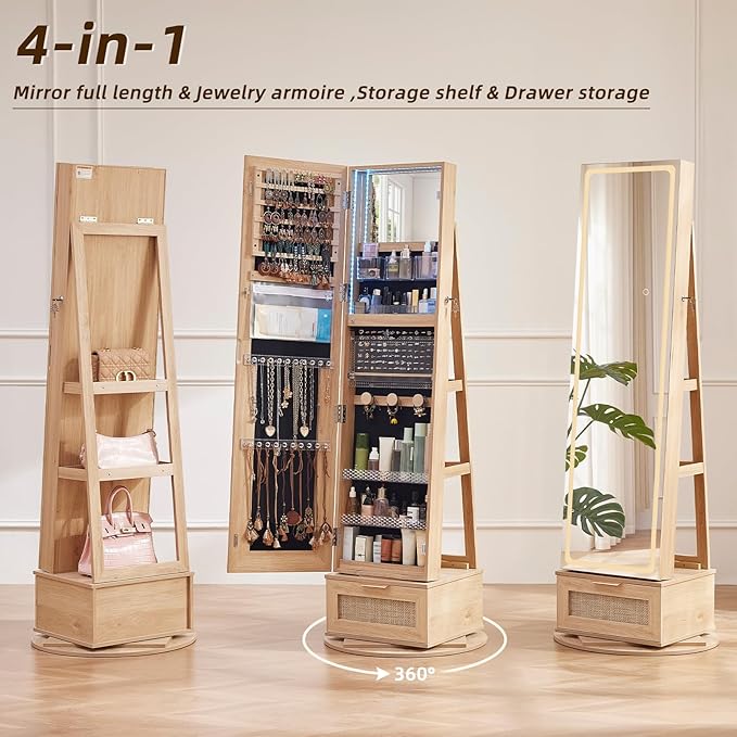 Rattan 360° Swivel Jewelry Armoire Cabinet Standing with Full Length Mirror, Lockable Jewelry Organizers and Drawer Storage with 3 Color LED Lights & Interior Mirror Rear Storage Shelves