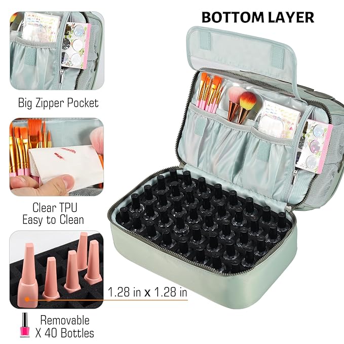 VOFIpremiAm Nail Polish Organizer Case Fits Nail Lamp and 50 Bottles,Quilted Nail Organizers and Storage for Nail Tech,Water Proof Nail Polish Storage Bag Fits Nail Kit Manicure Tools (Patented)-Green