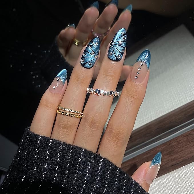 MAGLFELL Women Press On Nails - Blue Almond False Nails 10Pcs Luxury Handmade 3D Painting Art ABS Acrylic Artificial Fingernails (Size S)