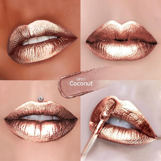 Depuplum Nude Lipsticks for Women Metallic Lipstick Long Lasting Non Stick Cup Lip Gloss, Shimmer Lightweight Hydrating Full Coverage Lip Color, DP117 Coconut