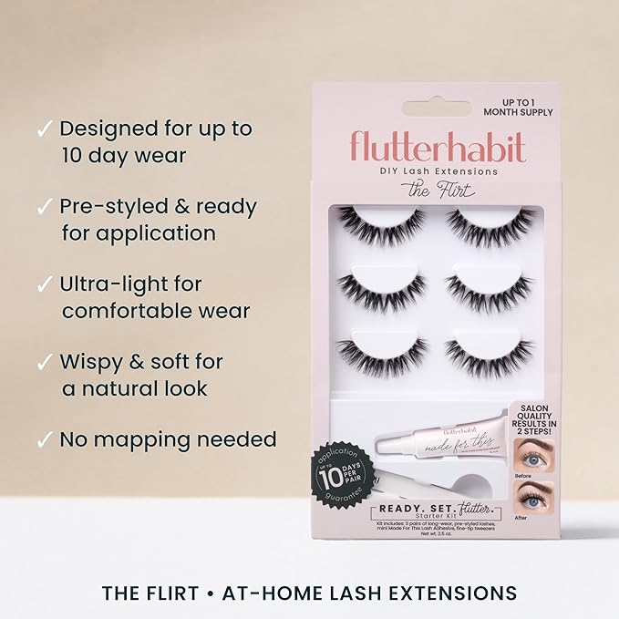 FlutterHabit Flirt Ready Set Starter Kit, DIY Eyelash Extensions, Lash Clusters for Women, Professional Quality At Home Eyelash Extension Kit, Natural False Lashes, 3 Lash Sets, Lash Glue Included