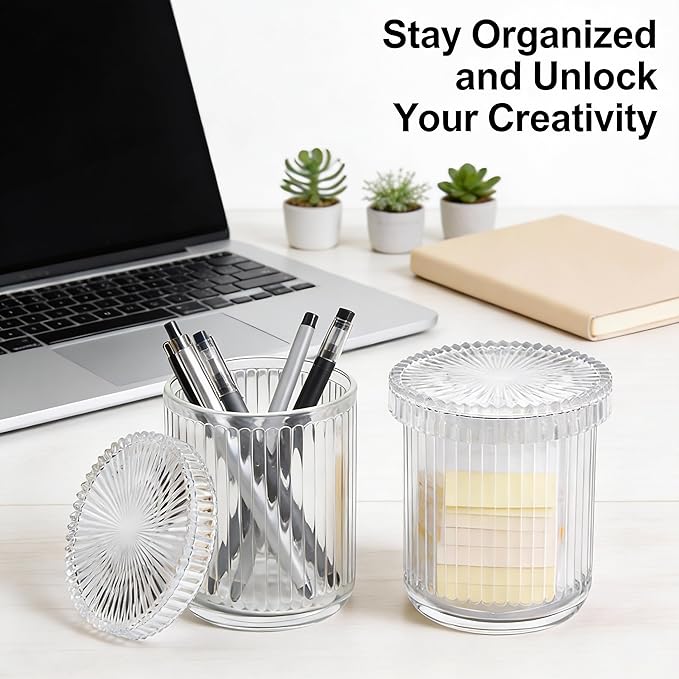 ESEHGS 2 Pack Glass Qtip Holder Dispenser Set - Bathroom Organizer for Cotton Swabs, Balls, Pads, Floss Picks - Clear Apothecary Jars for Vanity, Makeup Storage, Bathroom Accessories Decor (Clear)