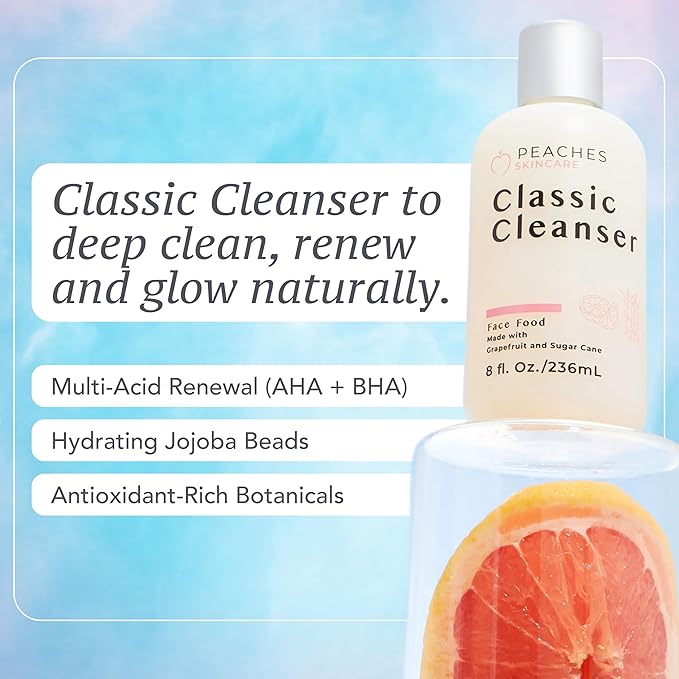 Peaches Skincare Hydrating Facial Cleanser – Vegan Face Wash with Grapefruit, Sugar Cane, and Gotu Kola – Lightly Exfoliating Daily Formula for All Skin Types – Classic Cleanser – 8 oz