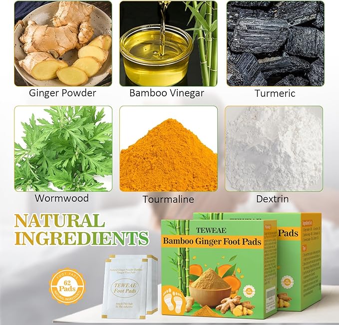 TEWEAE 62 Pads Foot Pads for Better Sleep, Natural Ginger & Bamboo Vinegar Turmeric Wormwood - No Off - Improves Sleep and Relaxation - Premium Foot Care Good Night Foot Patches