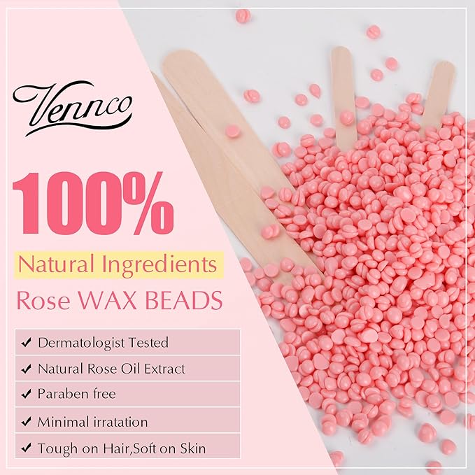 Vennco 2.5lb Pink Rose Hard Wax Beads for Hair Removal - Gentle Hard Wax for Face, Bikini, and Brazilian Areas - Wax Refill for Full Body Professional Home Waxing