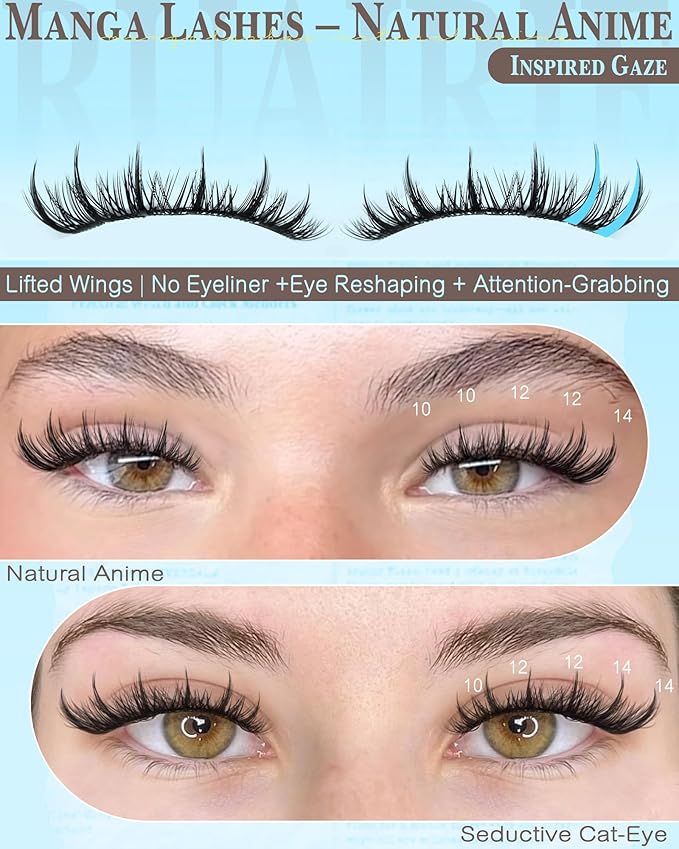 Manga Lash Clusters Natural 10-14mm Eyelash Clusters Wispy Cluster Eyelash Extensions Spiky Lashes Clusters Anime Eyelashes Clusters Fox Eye Cluster Lashes C-Curly DIY Lash Extension by Ruairie