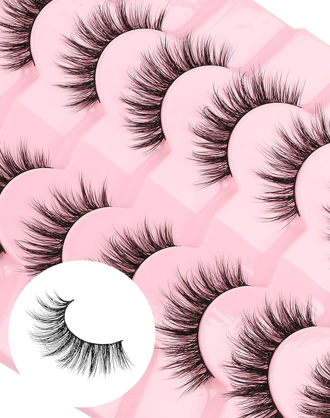 Wispy Mink Lashes Fluffy Lashes Natural Look C Curl False Eyelashes Natural Fake Lashes Wispies Eyelashes Short Eye Lashes Pack 7 Pairs