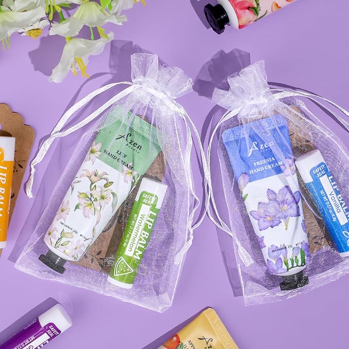 AZEN 64 Sets Bulk Gifts, Hand Cream and Lip Balm Bulk Set with Organza Bag Thank You Card, Baby Shower Wedding Gifts for Guests, Bridal Wedding Favors for Guests,Thank You Gifts for Women