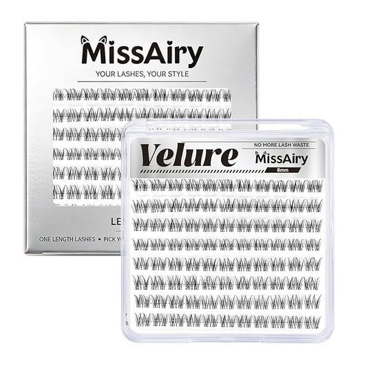 MissAiry Velure Lash Clusters LengthLock Eyelash Extensions Natural Lash Clusters Short Lash Cluster 8MM DIY Lashes Natural with Invisible Band Venus D Curly Individual EyelashesVelure 8MM)