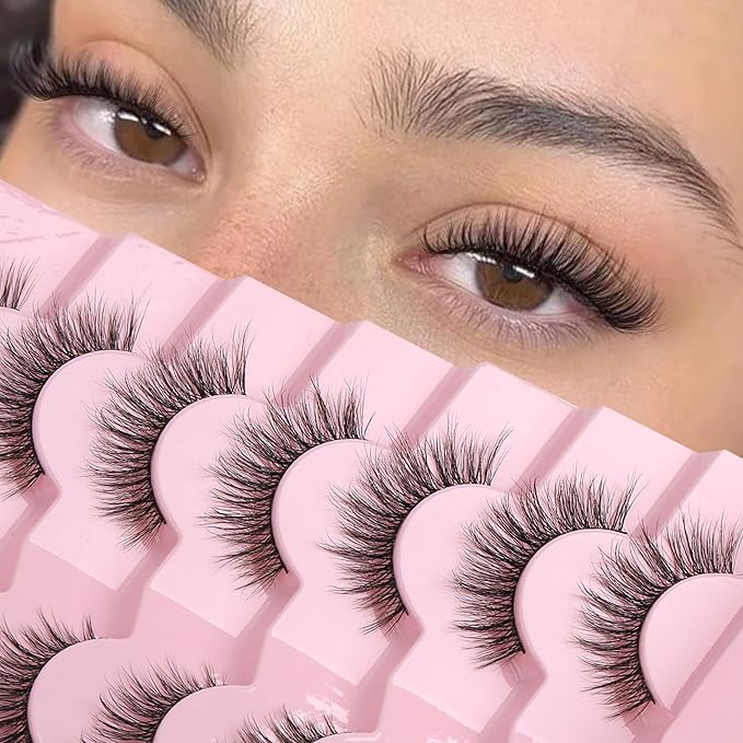 Onlyall Wispy 1 Eyelashes for Natural Flared Look, Soft Fluffy Lashes, Black, 7 Pairs D-K06