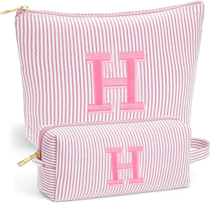 Christmas Gifts for Women - Christmas Stocking Stuffers, Personalized Small Makeup Bag for Purse Travel Makeup Bag Set, Initial Make up Bag Pouch,Birthday Gifts for Women, Light Pink Letter H