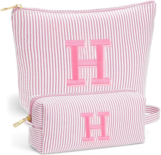 Christmas Gifts for Women - Christmas Stocking Stuffers, Personalized Small Makeup Bag for Purse Travel Makeup Bag Set, Initial Make up Bag Pouch,Birthday Gifts for Women, Light Pink Letter H