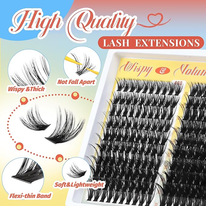 Fyonas Wispy Lash Clusters 60D+80D+100D Thick Cluster Eyelash Extensions 300Pcs D Curl Volume Eyelash Clusters DIY Individual Lashes 10-18mm Fluffy Cluster Eyelashes (Feather Weave)