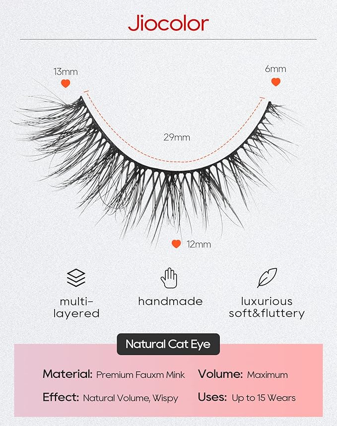 Jiocolor Lashes Natural Look Wispy False Eyelashes D Curl Faux Mink Lashes Fluffy Cotton Band Eyelashes Cat Eye Fake Eyelashes Pack 13MM