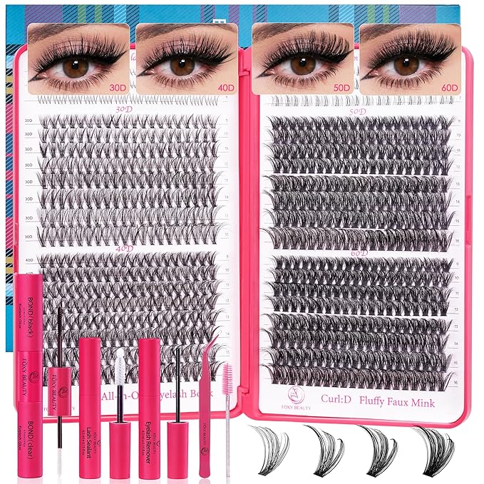 Lash Clusters Kit with Bottom Lashes, Lash Extension Kit With 30D40D50D60D Fluffy Upper Wispy Lash Clusters & 2 Type Bottom Lash Clusters,EyeLash Extension Kit with Black Bond & Clear Glue 2 In 1