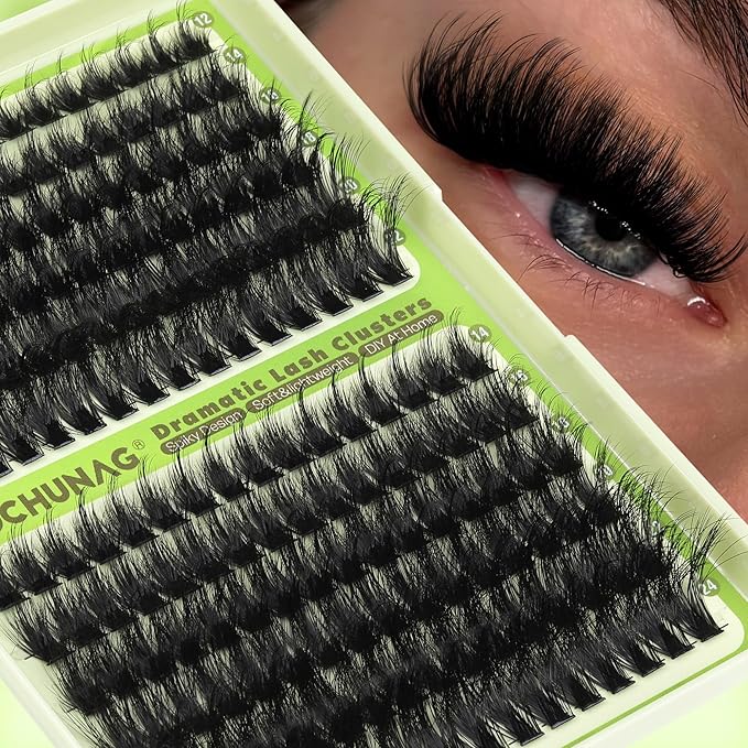 TOOCHUNAG Thick Lash Clusters 12-24mm Long Fluff Cluster Eyelash Extensions 180D+240D Spiky Curly Eyelash Clusters 192Pcs Wispy Soft Individual Lashes DIY Lash Extension