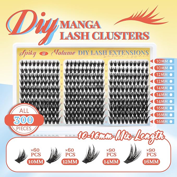 Fyonas Manga Lash Clusters Spiky Anime Cluster Eyelash Extensions with Spikes 300Pcs D Curl Thick Volume Eyelash Clusters 10-16mm DIY Fairy Wispy Individual Lashes (Prism Shard)