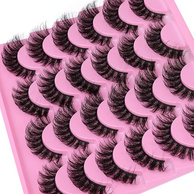Yawamica False Lashes Wispy 16mm Mink Lashes Pack 12 Pairs 5D Fluttery Volume Fake Eyelashes Cat Eye Natural Look