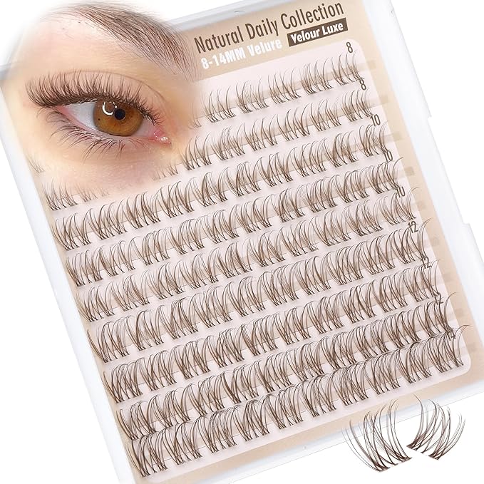 Brown Lash Clusters Velour Natural Eyelashes 8-14MM Individual Lashes Clear Band Cluster Eyelash Extensions Wispy Cluster Lashes Dark Brown Eyelash Clusters for Natural Enhancement