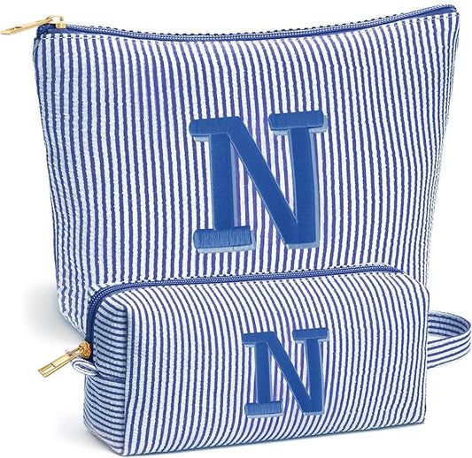 Initial Travel Toiletry Bag for Women - Travel Essentials, Personalized Travel Makeup Bag Small Cosmetic Make up Bag Cute Stuff Birthday Gifts for Women Mom Girlfriend Teacher, Blue Letter N