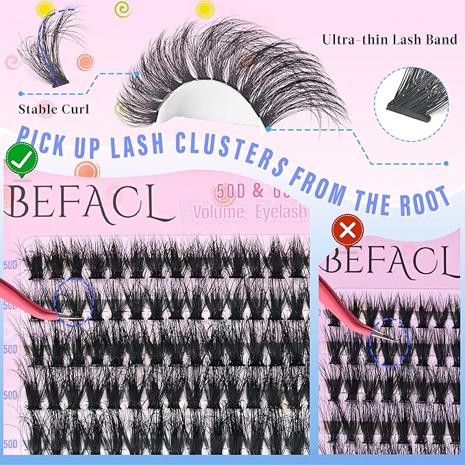 Wispy Lash Clusters 50D+60D+80D Eyelash Clusters C Curly Cluster Lashes Natural Individual Lashes 300Pcs Eyelash Extensions 10-18MM Matte Black DIY Lash Extension by Befacl