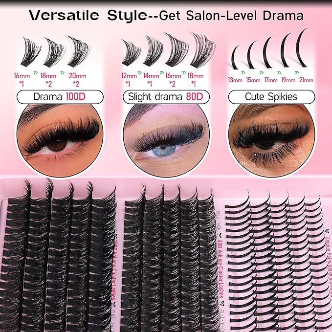 Goddvenus Lash Clusters Kit 13-21MM Lash Spikes Eyelash Clusters 80D 100D Thick Cluster Eyelash Extensions Kit Spiky DIY Lash Extensions Kit Individual Lashes Volume 295PCS