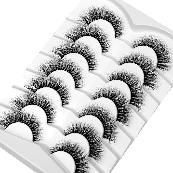 Pooplunch False Eyelashes Cat Eye Look Wispy Lashes Short Natural 8D Extension Volume Soft Faux Mink Lashes Fake Eyelash Strips 7 Pairs Pack