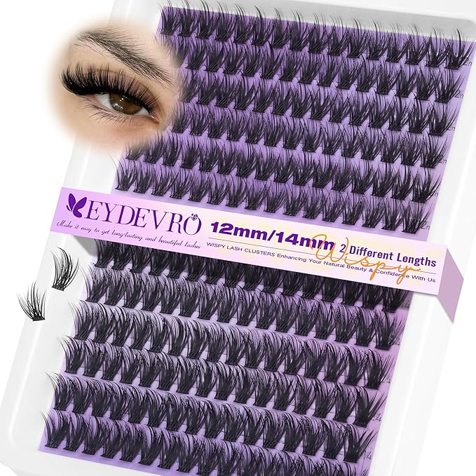 EYDEVRO Wispy Lash Clusters Natural Eyelash Clusters 12-14mm Cluster Eyelash Extensions CD Curl 192 Pcs Manga Cluster Lashes Short Individual Lashes DIY Lash Extensions Soft Thin Band