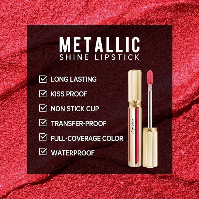 Depuplum Red Lipsticks for Women Metallic Lipstick Long Lasting Non Stick Cup Lip Gloss, Metal Shine Lightweight Hydrating Full Coverage Lip Color, DP105 Red Riot