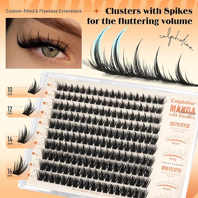 Calphdiar Manga Lash Clusters Natural Spiky Eyelash Clusters Wispy Cluster Eyelash Extensions 10 12 14 16mm Weightless Individual Lashes Long Lasting Cluster Lashes DIY Cat Eye Open Eye Looks