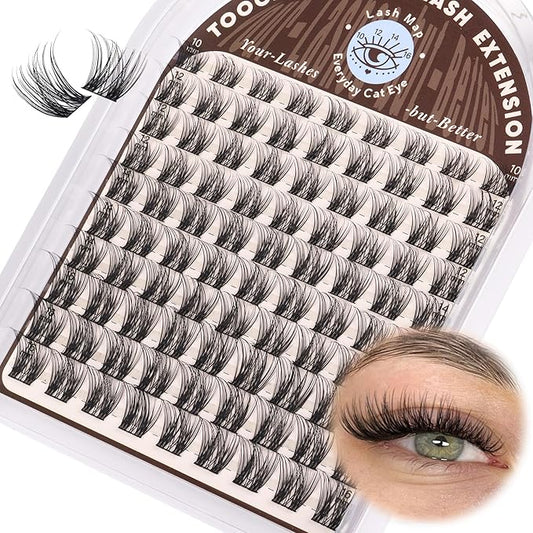 TOOCHUNAG Natural Lash Clusters Wispy Eyelash Clusters D Curly Volume Individual Lashes 10-16MM Cluster Eyelash Extensions DIY Lash Extension Thin Band Soft False Lashes Clusters