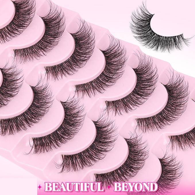 Mink Lashes Wispy False Eyelashes Clear Band Fake Strip Lashes Natural Look 18 mm Cat Eye Eyelashes Pack Pestañas Postizas Naturales Soft 3D Lashes, 7 Pairs