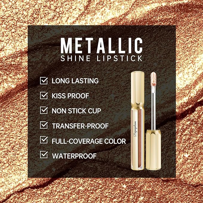 Depuplum Gold Lipsticks for Women Metallic Lipstick Long Lasting Non Stick Cup Lip Gloss, Shimmer Lightweight Hydrating Full Coverage Lip Color,DP111 Ponyo