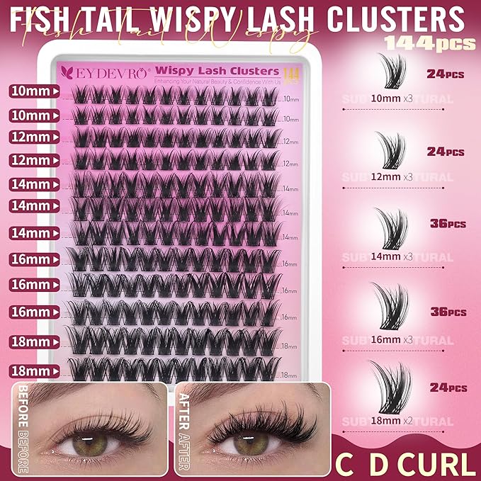 EYDEVRO Wispy Lash Clusters Natural Eyelash Clusters 10-18mm Cluster Eyelash Extensions Individual Lashes Waterproof Reusable Lash Clusters DIY Lash Extensions at Home