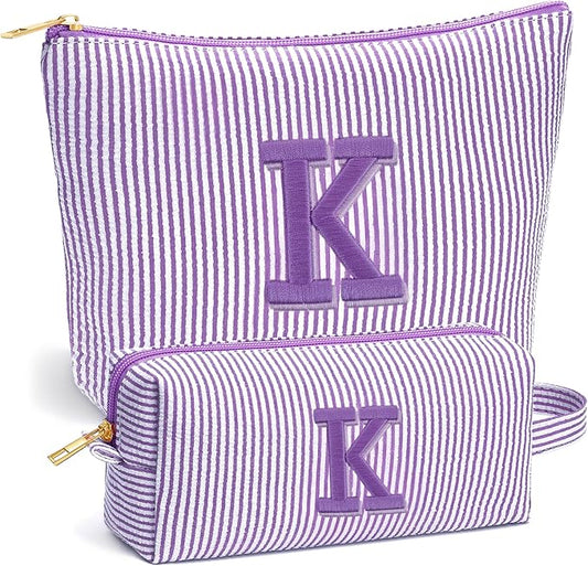 Beach Bags for Women Girl - Summer Beach Toiletry Makeup Bag, Travel Gifts for Her, Summer Personalized Makeup Pouch for Women Girls Birthday Gifts for Womens Girls - Purple Initial K