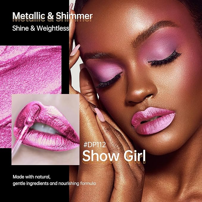Depuplum Hot Pink Lipsticks for Women Metallic Lipstick Long Lasting Non Stick Cup Lip Gloss, Shimmer Lightweight Hydrating Full Coverage Lip Color,DP112 Show Girl