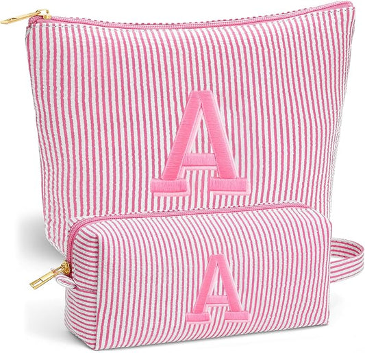 Travel Makeup Bag for Girls - Personalized Initial Pink Makeup Bag, Teen Girl Gifts Trendy Stuff, 6 7 8 9 10 11 12 Year Girl Birthday Gift, Christmas Gift for Girls Travel Essentials, Letter A