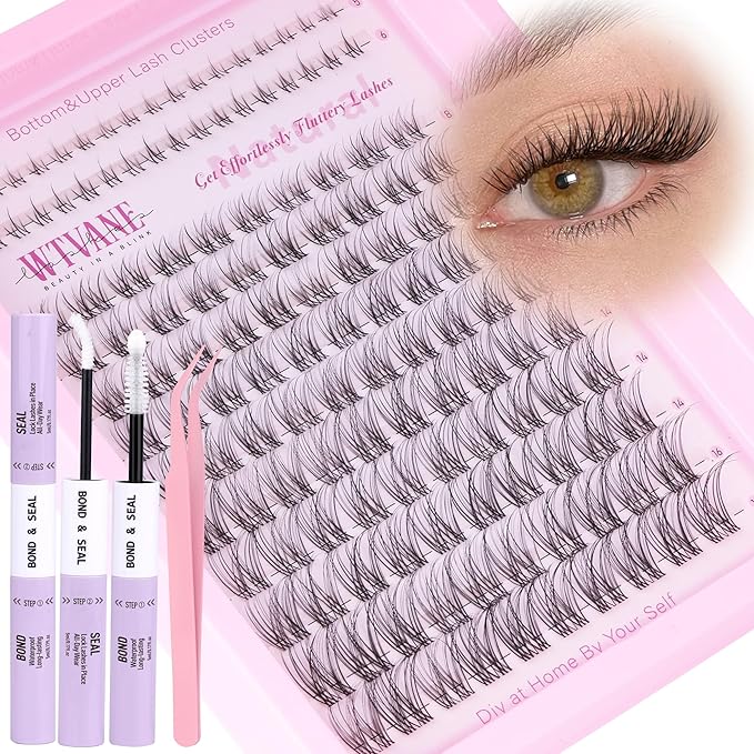 Wtvane Lash Clusters Kit Natural Cluster Eyelash Extensions Kit DIY Lash Extensions with 5-6mm Bottom Lashes 8-16mm Wispy Individual Lashes Invisible Band Lashes Venus False Eyelashes Clusters Kit