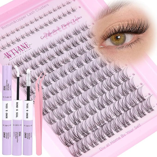 Wtvane Lash Clusters Kit Natural Cluster Eyelash Extensions Kit DIY Lash Extensions with 5-6mm Bottom Lashes 8-16mm Wispy Individual Lashes Invisible Band Lashes Venus False Eyelashes Clusters Kit