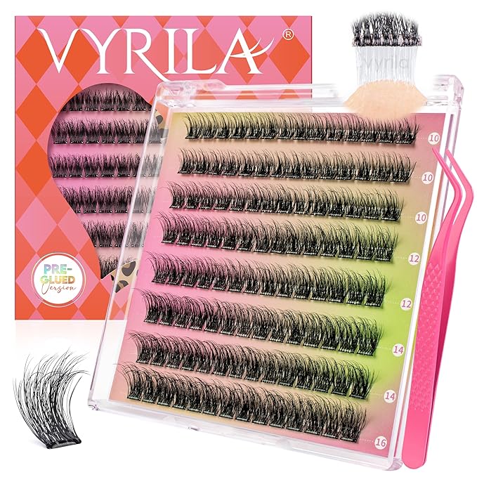 VYRILA Self Adhesive Lash Clusters Kit, D Curl Wispy Pre Glued Lash Extensions with Tweezers, Reusable 0.1mm Ultra Thin Band Natural Eyelashes, Easy Apply Eyelash Clusters for Beginners(PG-ZE04)