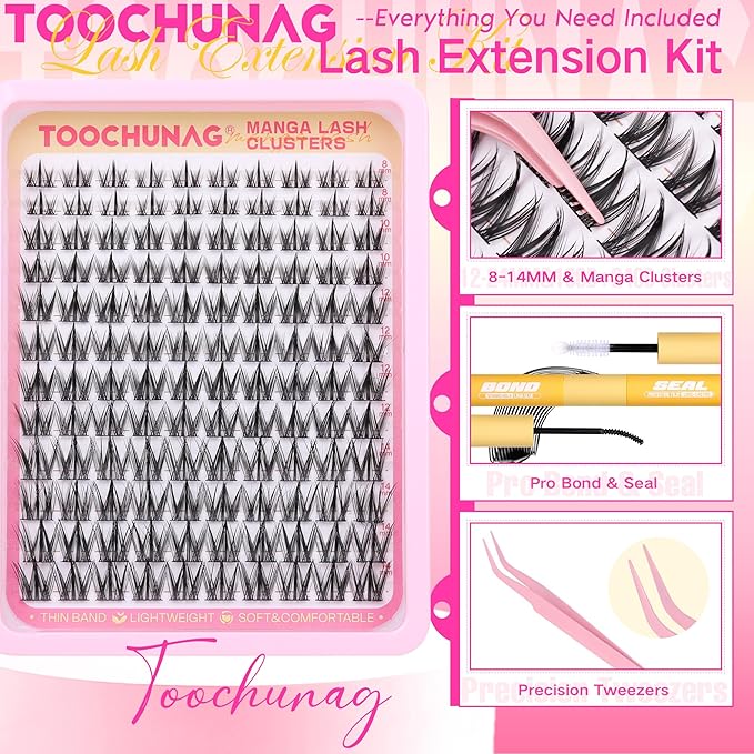Manga Lash Clusters Kit 8-14mm Natural Eyelash Clusters DIY Lash Extension Kit Anime Lashes Clusters Thin Band Individual Cluster Eyelash Extensions with Lash Glue&Tweezers by TOOCHUNAG
