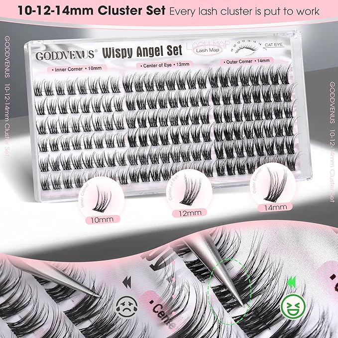 Short Wispy Lash Clusters 10-12-14mm Eyelash Clusters Set C Curl Fluffy Natural Lash Clusters for Effortless Eyelash Extensions Individual Lashes DIY False Eyelashes 144pcs