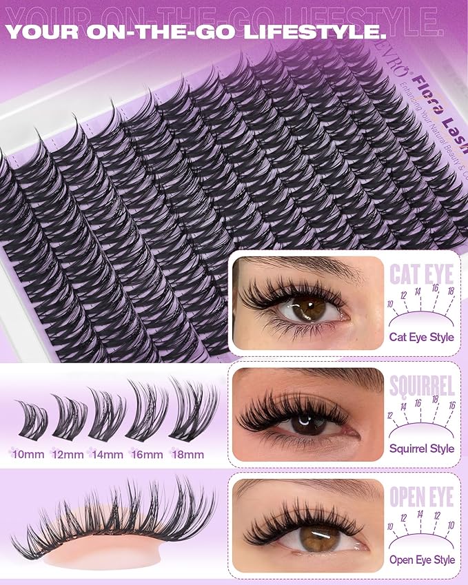 EYDEVRO Flora Lash Clusters Kit Wispy Natural Eyelash Clusters Kit 10-18mm DIY Lash Extension Kit Flaunt Cluster Eyelash Extensions Individual Lashes Kit Waterproof Lash Bond and Seal, Tweezers, Brush