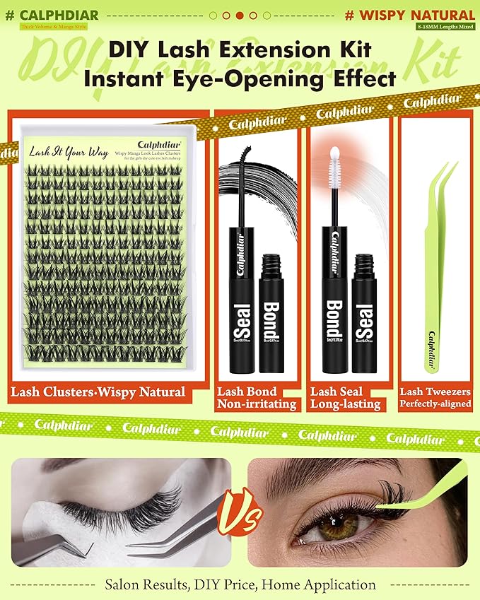 Calphdiar DIY Lash Extension Kit Thick Lash Clusters Kit Wispy Eyelash Clusters 8-18mm D Curve Eyelash Extension Kit Manga Spiky Lash Extension Individual Lashes with Lash Bond and Seal Tweezers