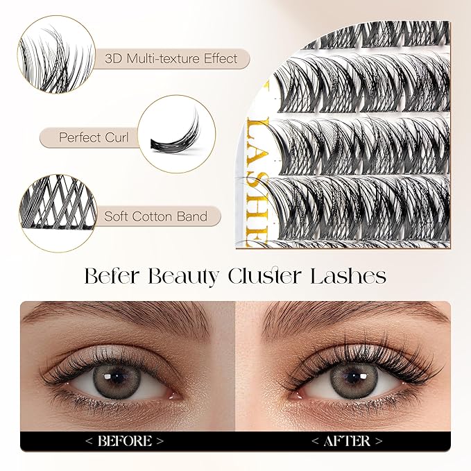 BEFER Lash Clusters, 72 Pcs D Curl Eyelash Super Fluffy Lightweight Individual Lashes 8-16MM Cluster Eyelash Extensions DIY At Home(MIX)