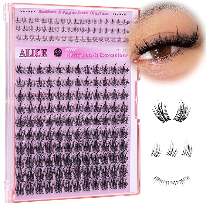 ALICE Manga Lash Clusters Clear Band with Bottom Eyelash Clusters Anime Cluster Eyelash Extensions Wispy Natural Lash Extensions Thin Band 174pcs 6-18mm Individual Lashes DIY at Home