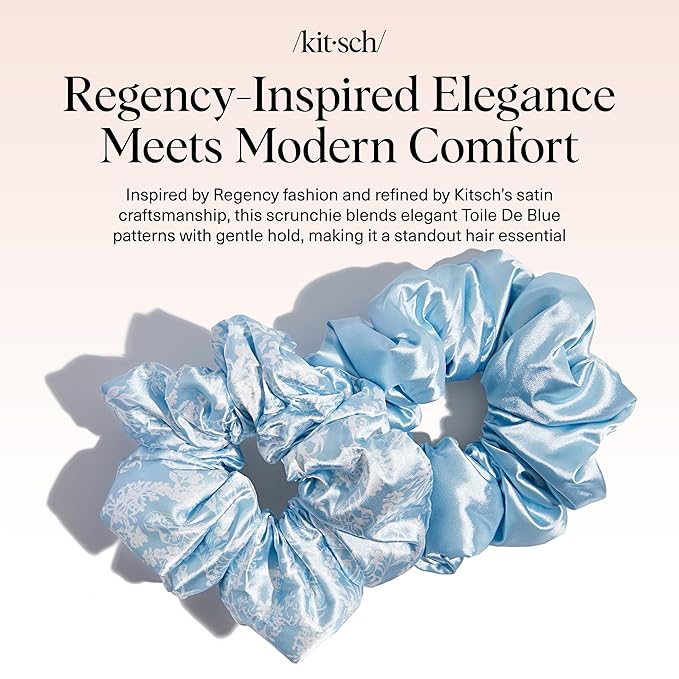 Bridgerton x Kitsch Satin Scrunchies for Women, No Snag, No Tugging, Soft & Comfortable Scrunchies for Girls, Perfect for Day or Night | Ideal Gifts for Women - Toile De Blue, 2pcs