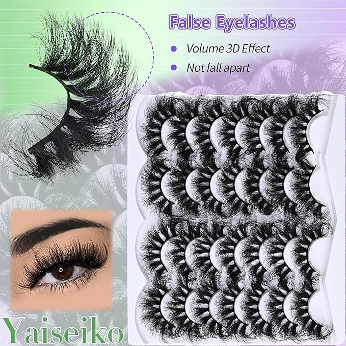 Wispy False Mink Lash Thick Long Lashes False Lashes Mega Look 5D Volume Dramatic 25mm Waterproof Soft Cat Eye Fake Eyelashes Pack by Yaiseiko（14 Pairs）
